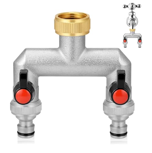 WANDGU Wasserhahn Wasserverteiler 2-Wege: 2-Wege Kugelhahn Verteiler mit Adapte aus Messing, 3/4 Zoll Messing Wasserhahn Verteiler zum Gartenschläuche, Einstellen und Absperren des Wasserflusses von WANDGU
