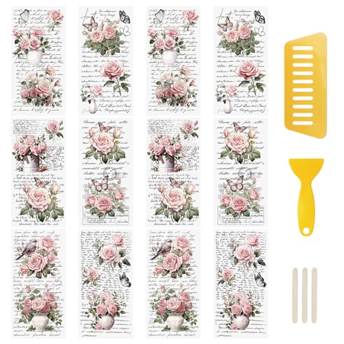 WANDIC 12 Blatt Retro-Aufkleber zum Aufreiben, rosa Retro-Blumen-Aufkleber, Rosen-Aufkleber mit Buchstaben, wasserdichte Aufkleber für DIY, Scrapbooking von WANDIC