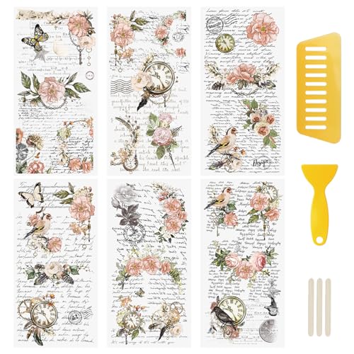 WANDIC 6 Bogen Rub on Transfer Stickers, Rosa Blumen Aufkleber Wand mit Vintage Muster, Wasserdicht, Handarbeiten, Möbel, DIY Kunsthandwerk, Dekorieren für Fotoalbum und Scrapbook, 15 x 30 cm von WANDIC