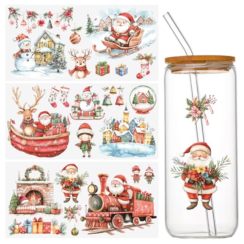 WANDIC 3 Bögen UV DTF Cup Warp Merry Christmas Rubb on Transfer Aufkleber, wasserdichte Aufkleber für DIY Glas Fenster Wasserflasche Möbel Handwerk, 15 x 30 cm von WANDIC