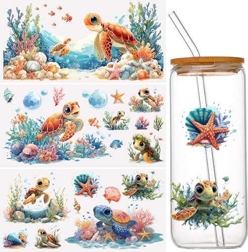 WANDIC 3 Bögen UV DTF Cup Warp on Transfer Aufkleber, Cartoon Schildkröte Thema 3D wasserdichte Aufkleber für DIY Glas Wasserflasche Möbel Handwerk, 15 x 30 cm von WANDIC