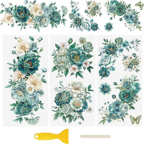 WANDIC 3 Bögen UV-Transfer-Aufkleber, blau-grün, Heißprägeblumen-Thema, 3D-Aufkleber, wasserdicht, für Tassen, Wasserflaschen, Möbel, 15 x 30 cm WANDIC 3 Bögen UV-Transfer-Aufkleber, blau-grün, Heißprägeblumen-Thema, 3D-Aufkleber, wasserdicht, für Tassen, Wasserflaschen, Möbel, 15 x 30 cm von WANDIC