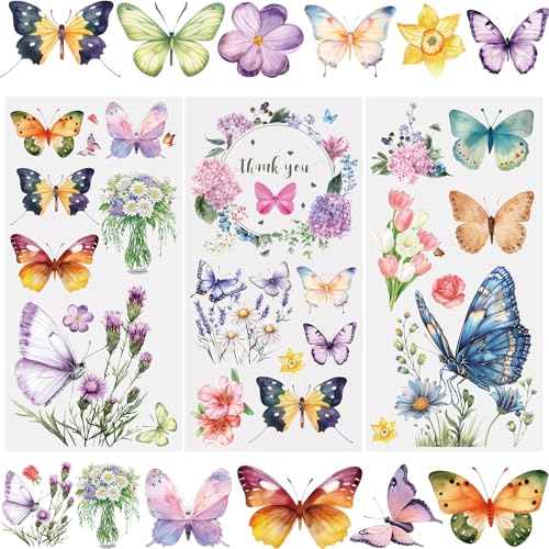 WANDIC 3 Bogen Rub on Transfer Stickers, Schmetterlingsblumen Aufkleber Wand, Wasserdicht, Handarbeiten, Möbel, DIY Kunsthandwerk, Dekorieren für Fotoalbum und Scrapbook, 15 x 30 cm von WANDIC