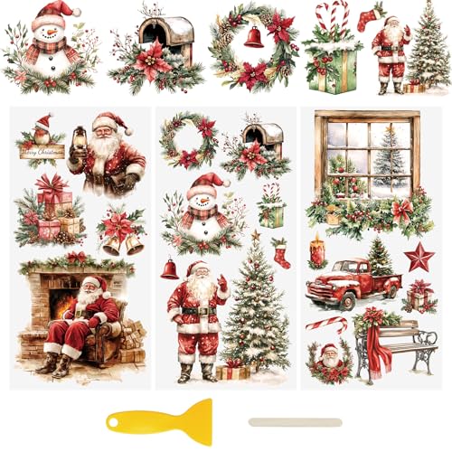 WANDIC 3 Bogen UV DTF Weihnachtsaufkleber Groß, Vintage Weihnachten Cup Warp Rub on Transfer Stickers, Wasserdichte Aufkleber für Möbel Glas Fenster Wasserflasche DIY, 15 x 30 cm von WANDIC