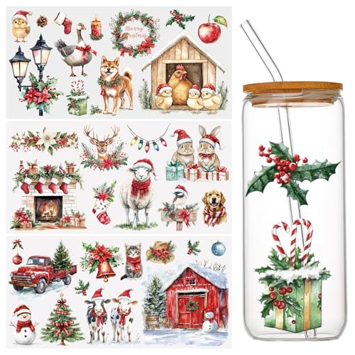 WANDIC 3 Bogen UV DTF Weihnachtsaufkleber Groß, Weihnachtsbauernhof Cup Warp Rub on Transfer Stickers, Wasserdichte Aufkleber für Möbel Glas Fenster Wasserflasche DIY, 15 x 30 cm von WANDIC