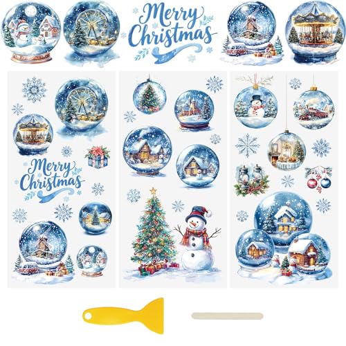 WANDIC 3 Bogen UV DTF Weihnachtsaufkleber Groß, Weihnachtsblaue Kristallkugel Thema Cup Warp Rub on Transfer Stickers, Wasserdichte Aufkleber für Möbel Glas Fenster Wasserflasche DIY, 15 x 30 cm von WANDIC