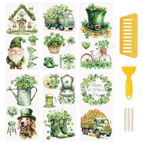 WANDIC 6 Blätter St.Patrick's Day Rub auf Transfers Aufkleber Shamrock Aufkleber Glückskliere Fenster Aufkleber wasserdichte Aufkleber für Handwerk Möbel DIY Handwerk Dekoration, 15 * 30cm von WANDIC