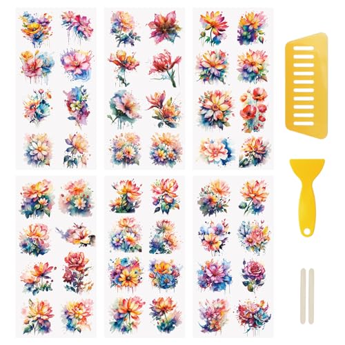 WANDIC 6 Blatt Rubbel-Aufkleber Wasserfeste Aufkleber Aquarell Thema Abziehbilder Möbel Handwerk Abziehbilder für DIY Scrapbooking von WANDIC