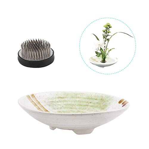 WANDIC Blumenarrangement-Zubehör, Set mit 2 runden Blumen Frosch & Keramik Ikebana-Vasen für Ikebana-Blumenarrangement, Kunst, Heimdekoration, Tellerform, weiß gepunktet von WANDIC