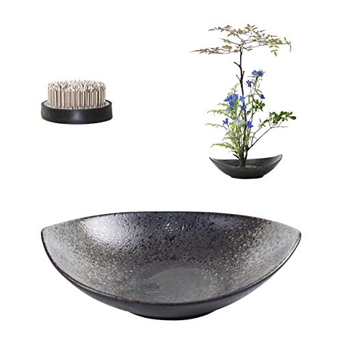 WANDIC Blumen-Frosch-Set, sichelförmige Ikebana-Blumenvase mit 5 cm Ikebana-Kenzan-Blumenfrosch und Holzsockel für Blumenarrangements, Kunst, schwarz gepunktet von WANDIC