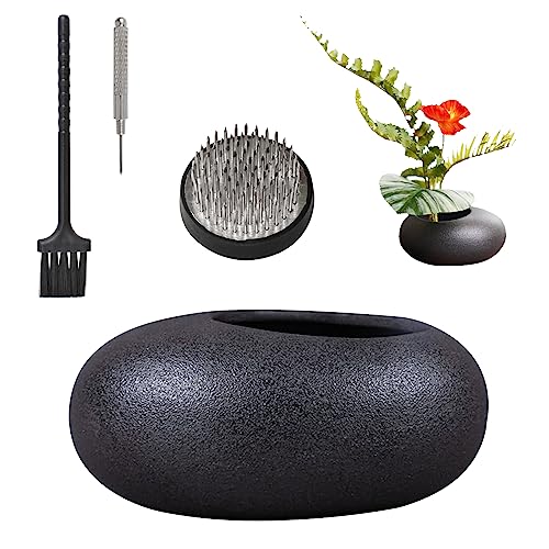 WANDIC Blumenarrangement-Set, schwarzer Keramik-Übertopf mit 4 cm Kenzan Blumen-Frosch-Töpferware, Blumenstecknadel, Nadelhalter für Heimdekoration von WANDIC