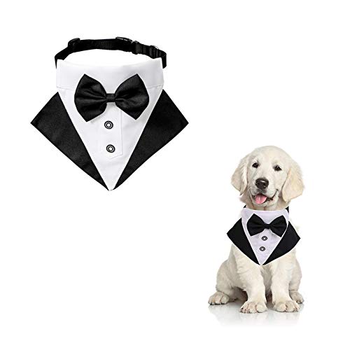 WANDIC Hund Smoking Bandana Halsband, 1 Stück Verstellbar Formale Hund Hochzeit Bandana Haustier Hochzeit Anzug Fliege Bandana mit D-Ring für Kleine Mittlere Hunde von WANDIC