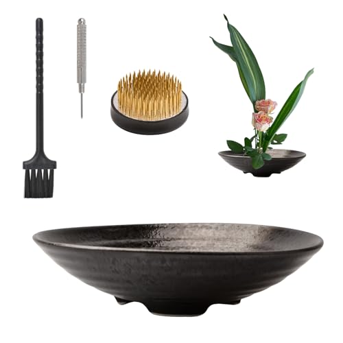 WANDIC Kleines Blumenarrangement mit Gewinde, 3-beinige runde Schüssel und 5 cm Blumenfrosch für Ikebana, Keramik-Blumenvase für Pflanzenarrangements von WANDIC