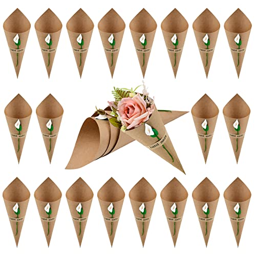 WANDIC Kraftpapierkegel, 50 Stück Hochzeitskonfetti-Papierkegel, Blumenstrauß, Blütenblätter, Taschen, Boxen mit weißem Hufeisen-Blumen-Aufkleber für Hochzeit, Party, Geschenkverpackung von WANDIC