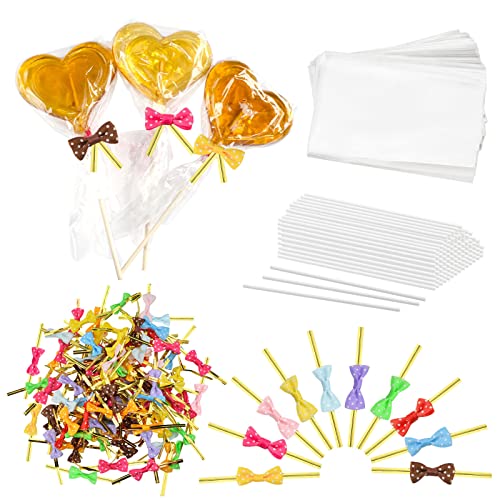 WANDIC Lollipop Cake Pop Stäbchen Kit, 100 Stück Papierstäbchen & 100 Stück transparente Süßigkeitentüten & 100 Stück Twist Tie Schleifen, für die Herstellung von Lollipop, Süßigkeiten, Schokolade von WANDIC