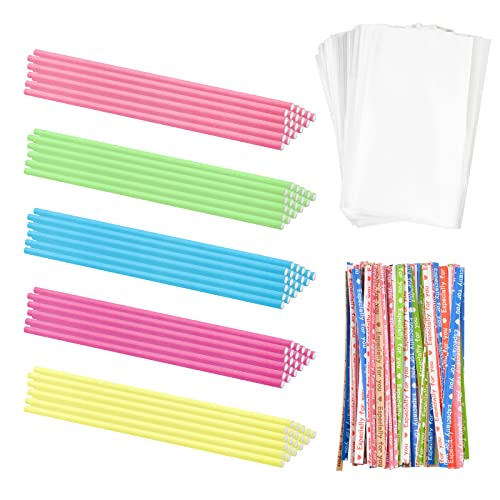 WANDIC Lollipop Cake-Pop-Sticks Kits, 100 Stück Bunte Papierstäbe und 100 Stück transparente Süßigkeitentüten und 100 Stück Twist Tie für die Herstellung von Lollipop, Süßigkeiten, Schokolade von WANDIC