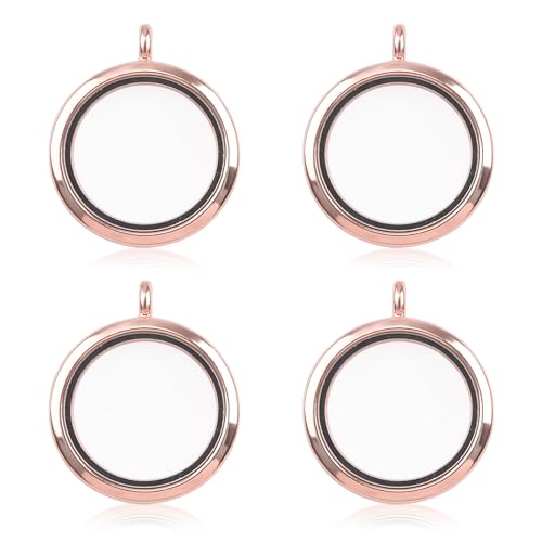 WANDIC Memory Medaillon Charms, 4 Stück Runde Rose Gold Galvanisierter Kristall Bilderrahmen Bouquet Charm, Living Floating Memory Medaillon für 2 Fotos von WANDIC