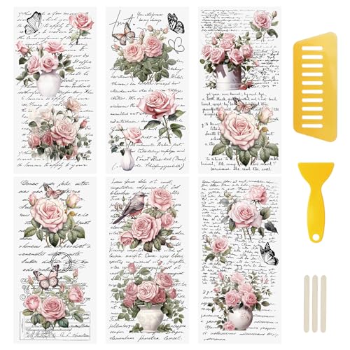 WANDIC Retro Rub On Transfer Aufkleber, 6 Blatt Rosa Retro Blumen Decals Rose Aufkleber mit Buchstaben wasserdichte Abziehbilder für DIY Scrapbooking von WANDIC