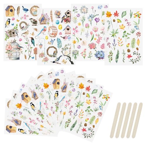 WANDIC Transferaufkleber zum Aufreiben, 16 Blatt Vogel DIY Transfer Decals wasserdichte Blumen Scrapbook Aufkleber für Kartenherstellung Grußkarten Geschenkverpackung Heimdekoration von WANDIC