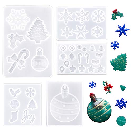 WANDIC Weihnachts-Silikonharz-Formen, 5 Packungen Weihnachts-Epoxid-Formen, bunte Weihnachtskugel-Formen, Weihnachtsbaum, Schneeflocken, Stangen, Alphabet-Gießformen für Weihnachten, Basteln von WANDIC