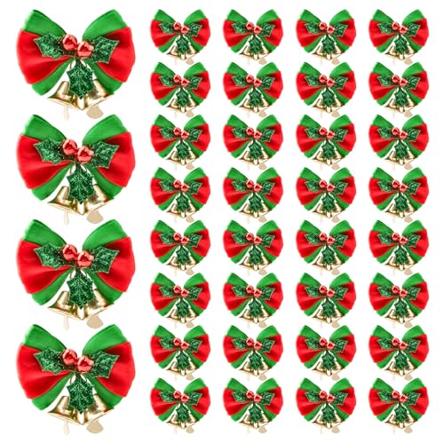 WANDIC Weihnachtsschleife mit Glocken, 32 Stück Mini-Schleifen-Ornamente, Weihnachtsfleckenschleife für Geschenk, Weihnachtsbaum, Party-Dekoration von WANDIC