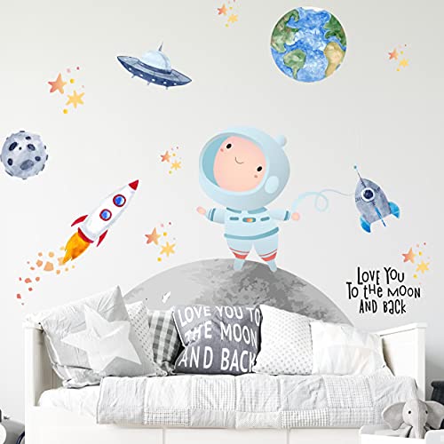 Astronaut Wandtattoo V295 | handgezeichnet | AUFKLEBER Kindergarten | Wandsticker Kinderzimmer Weltraum Rakete Mondreise Erde Sterne Raumschiff Planeten (100 x 100 cm) von WANDKIND