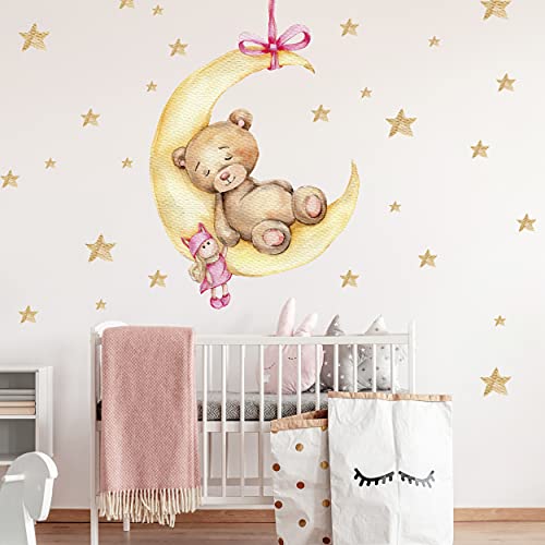 WANDKIND Bär auf dem Mond Wandtattoo V291 | handgezeichnet | AUFKLEBER Kindergarten | Wandsticker Kinderzimmer Teddybär mit Sterne Teddy (50 x 74 cm) von WANDKIND