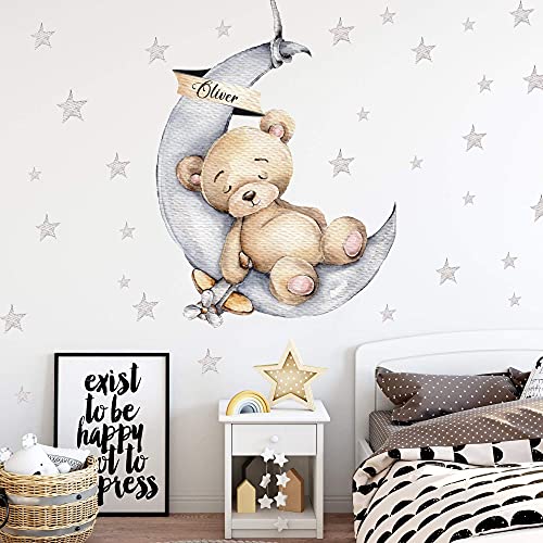 Bär auf dem Mond mit Wunschname Wandtattoo V300 | handgezeichnet | AUFKLEBER Kindergarten | Wandsticker Kinderzimmer Teddybär mit Sterne Teddy (75 x 105 cm) von WANDKIND