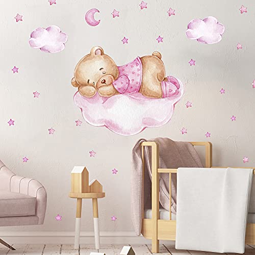Bär auf der Wolke Wandtattoo ROSA V269 | handgezeichnet | AUFKLEBER Kindergarten | Wandsticker Kinderzimmer Teddybär mit Sterne Teddy Mädchen Mädchenzimmer (60 x 60 cm) von WANDKIND