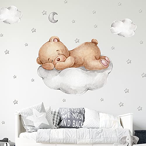 WANDKIND Bär auf der Wolke Wandtattoo V267 | handgezeichnet | AUFKLEBER Kindergarten | Wandsticker Kinderzimmer Deko Teddybär mit Sterne Teddy (40 x 40 cm) von WANDKIND