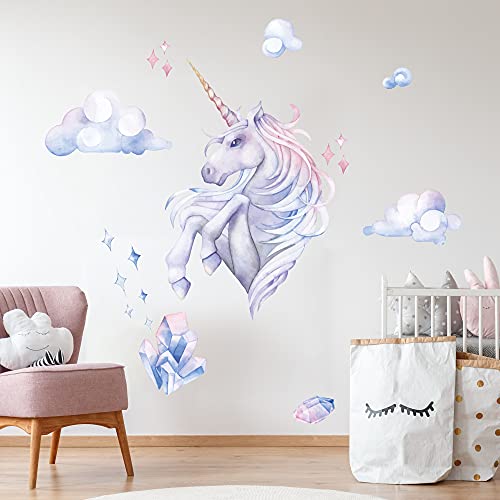 Einhorn mit Wolken Wandtattoo V274 | handgezeichnet | AUFKLEBER Kindergarten | Wandsticker Kinderzimmer Unicorn mit Wolken Lila Wolke (40 x 40 cm) von WANDKIND