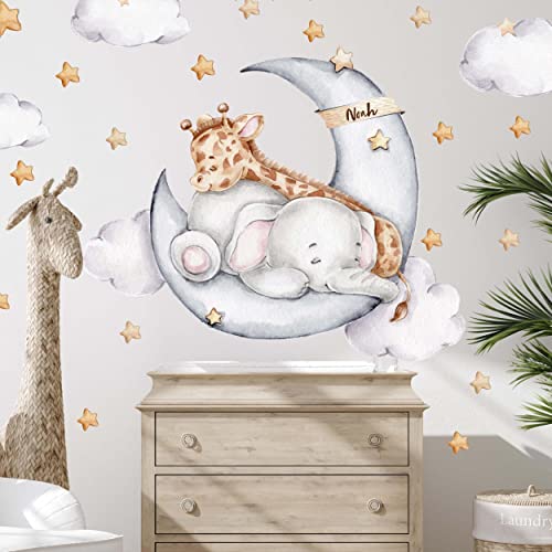 Elefant und Giraffe Personalisierbar V365 mit Wunschname | handgezeichnet | AUFKLEBER Kindergarten | Wandsticker Kinderzimmer Deko mit Sternen Babyzimmer (50 x 50 cm) von WANDKIND