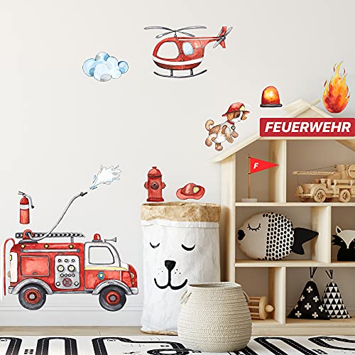 WANDKIND Feuerwehr Wandtattoo Set V246 | handgezeichnet | AUFKLEBER Kindergarten | Wandsticker Kinderzimmer Deko Helikopter Hubschrauber Feuerwehrhund Fahrzeug Auto Feuerwehrauto (100 x 100 cm) von WANDKIND