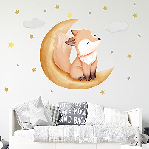 WANDKIND Fuchs auf dem Mond Wandtattoo V254 | handgezeichnet | AUFKLEBER Kindergarten | Wandsticker Kinderzimmer mit Wolken und Sterne Wolke Sleepy Eyes (100 x 100 cm) von WANDKIND