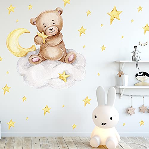 Knuddel Bär auf der Wolke V292 | handgezeichnet | AUFKLEBER Kindergarten | Wandsticker Kinderzimmer Teddybär mit Sterne Teddy (120 x 120 cm) von WANDKIND