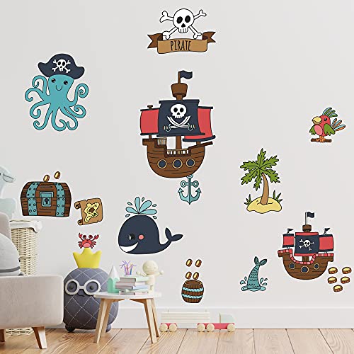 Piraten Wandtattoo Set V250 | handgezeichnet | AUFKLEBER Kindergarten | Wandsticker Kinderzimmer Matrose Pirat Oktopus Piratenschiff Seemann Anker Insel (50 x 50 cm) von WANDKIND