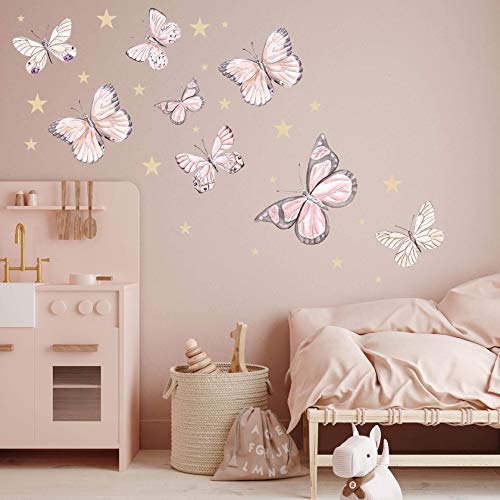 SCHMETTERLINGE & STERNEN Wandtattoo Set | handgezeichnet | AUFKLEBER Kindergarten | Wandsticker Kinderzimmer Schmetterling Schwarm (120 x 71 cm) von WANDKIND