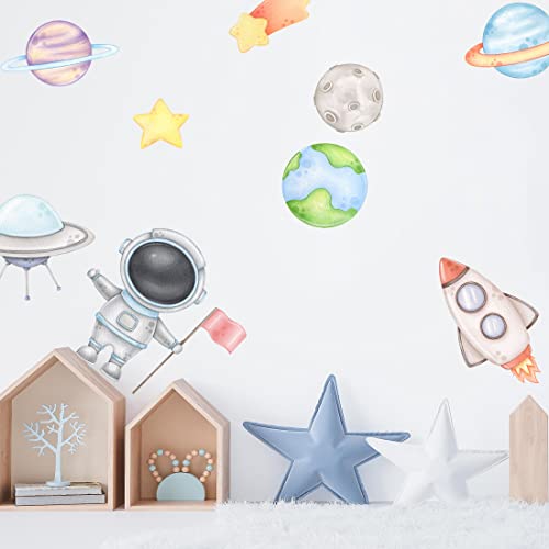 WANDKIND Astronaut Wandtattoo V307 | handgezeichnet | AUFKLEBER Kindergarten | Wandsticker Kinderzimmer Weltraum Rakete Mondreise Erde Sterne Raumschiff Planeten Mond (100 x 100 cm) von WANDKIND