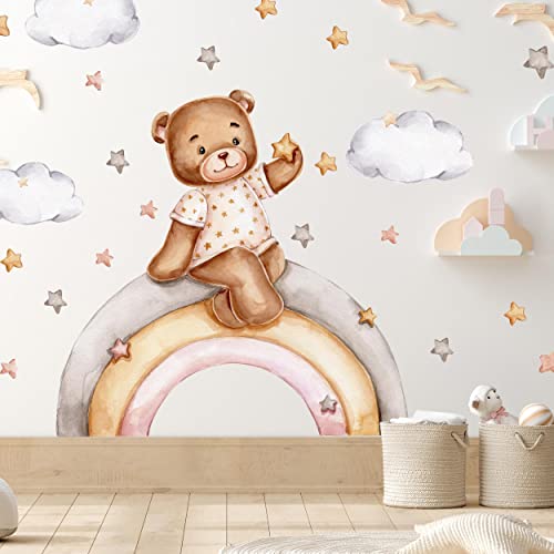 WANDKIND Bär auf dem Regenbogen Wandtattoo V327 | handgezeichnet | AUFKLEBER Kindergarten | Wandsticker Kinderzimmer Deko Teddybär mit Sterne Bären (100 x 100 cm) von WANDKIND