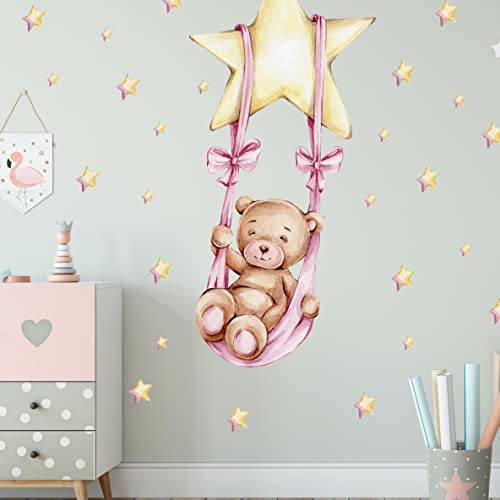 WANDKIND Bär auf der Schaukel V298 Wandtattoo Kinderzimmer | handgezeichnet | AUFKLEBER Kindergarten | Wandsticker Babyzimmer, Kinderzimmer Bär, Schaukel, Sterne (40 x 73 cm) von WANDKIND