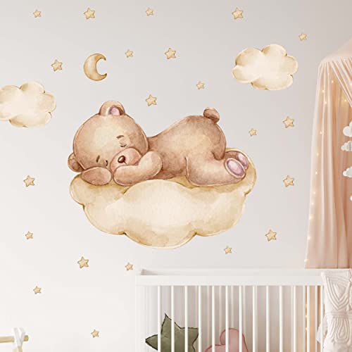 WANDKIND Bär auf der Wolke Wandtattoo Kinderzimmer V346 | handgezeichnet | AUFKLEBER Kindergarten | Wandsticker Teddybär mit Sterne Teddy BRAUN (100 x 100 cm) von WANDKIND