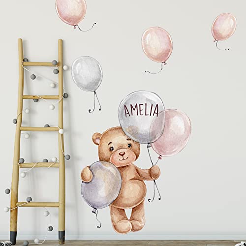 WANDKIND Bär mit Ballons und Wunschname V367 Wandtattoo | handgezeichnet | AUFKLEBER Kindergarten | Wandsticker Kinderzimmer personalisiert (40 x 40 cm) von WANDKIND