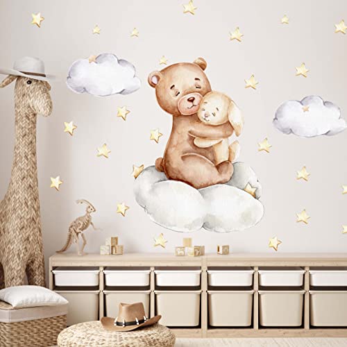 WANDKIND Bär & Hase auf einer Wolke V426 Wandtattoo Kinderzimmer | handgezeichnet | AUFKLEBER Kindergarten | Wandsticker Babyzimmer, Kinderzimmer Bär, Mond, Sterne, Wolke (75 x 75 cm) von WANDKIND