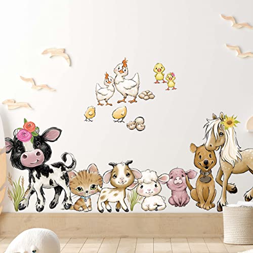 WANDKIND Bauernhof Wandtattoo Kinderzimmer V360 | handgezeichnet | AUFKLEBER Kindergarten | Babyzimmer Wandsticker Pferd Schwein Kuh Hund Huhn Katze (75 x 75 cm) von WANDKIND