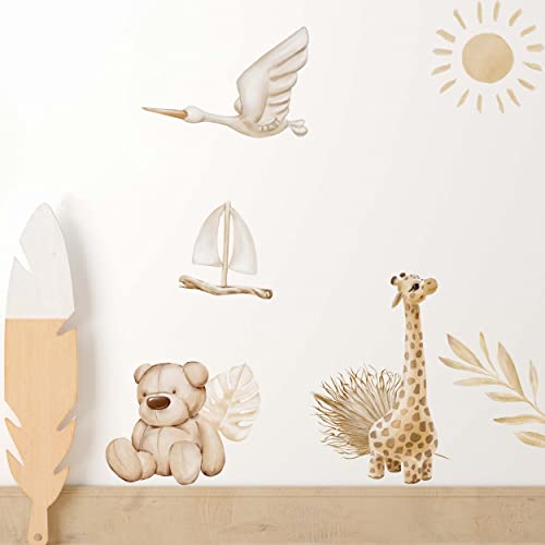 WANDKIND Boho Baby V353 Wandtattoo Kinderzimmer | handgezeichnet | AUFKLEBER Kindergarten | Wandsticker Babyzimmer, Kinderzimmer Giraffe, Teddybär, Schwan, Sonne (100 x 100 cm) von WANDKIND