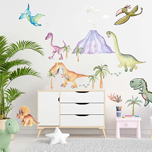 WANDKIND Dino Welt Wandtattoo Kinderzimmer V361 | handgezeichnet | AUFKLEBER Kindergarten | Babyzimmer Wandsticker Wanddeko Dekoration Dinosaurier Vulkan (60 x 60 cm) von WANDKIND