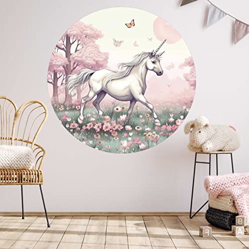 WANDKIND Einhorn Wandtattoo Rund Kinderzimmer V417 | handgezeichnet | AUFKLEBER Kindergarten | Wandsticker Babyzimmer | Blumenwiese (60 x 60 cm) von WANDKIND