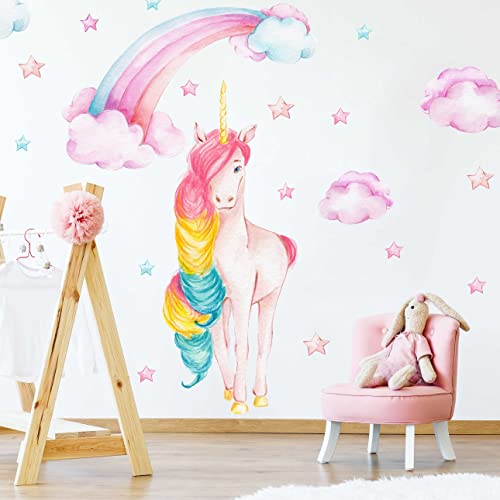 WANDKIND Einhorn mit Regenbogen Wandtattoo Kinderzimmer V380 | handgezeichnet | AUFKLEBER Kindergarten | Babyzimmer Wandsticker Unicorn (75 x 75 cm) von WANDKIND