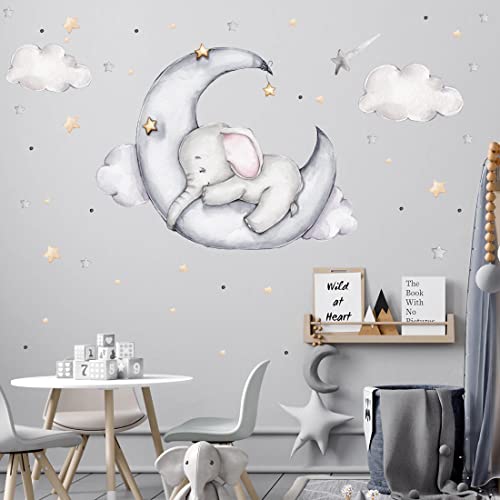 WANDKIND Elefant auf dem Mond Wandtattoo V311 | handgezeichnet | AUFKLEBER Kindergarten | Wandsticker Kinderzimmer Elefanten mit Sterne Elephant Halbmond (75 x 75 cm) von WANDKIND