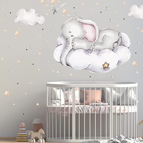 WANDKIND Elefant auf der Wolke Wandtattoo V316 | handgezeichnet | AUFKLEBER Kindergarten | Wandsticker Kinderzimmer Elefanten mit Sterne Elephant Wolken (40 x 40 cm) von WANDKIND